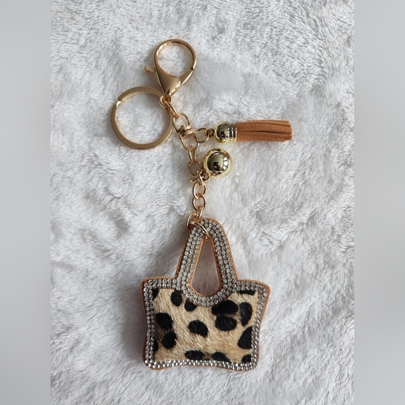 Accessories - Leopard Print Purse Tote Keychain with Gold Accents